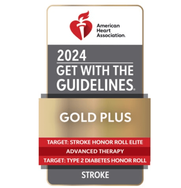 American Heart Association 2024 Get with the Guidelines Designation for Stroke Care Gold Plus Stroke Honor Roll Elite Advanced Therapy