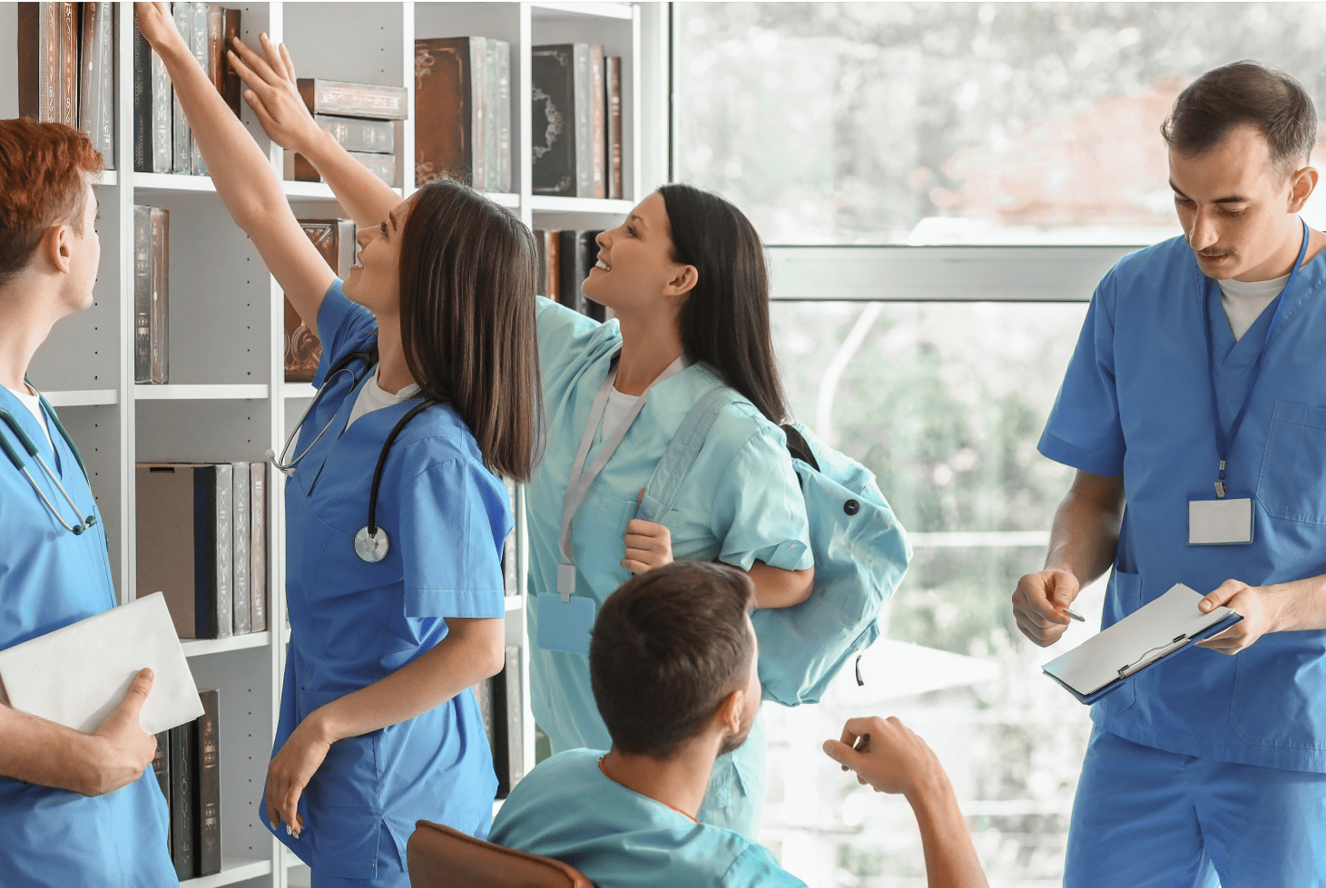 Rectangle 117 A diverse group of nursing students accessing and using educational resources
